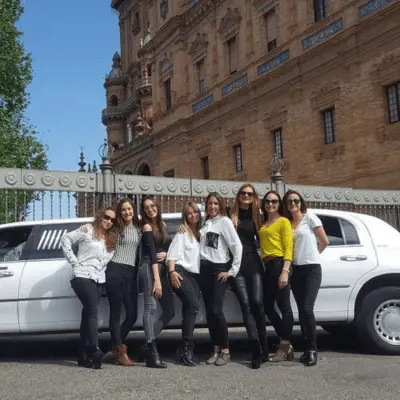 Limusina Lincoln Rosa o Blanca para celebrar desepdidas de soltera y soltero en Sevilla. Además también está disponible para cumpleaños, graduaciones, fiestas de amigos y aniversarios. Incluye música, luces y dos botellas de cava o lambrusco.